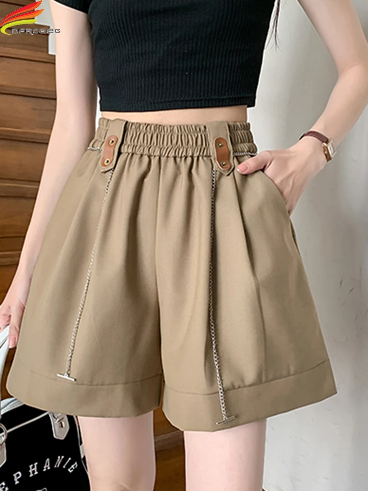 

DFRCAEG 2023 Summer Shorts For Women Black Or Khaki Color High Elastic Waist Chain Wide Leg Loose Crimping Short Femme Hot Sale