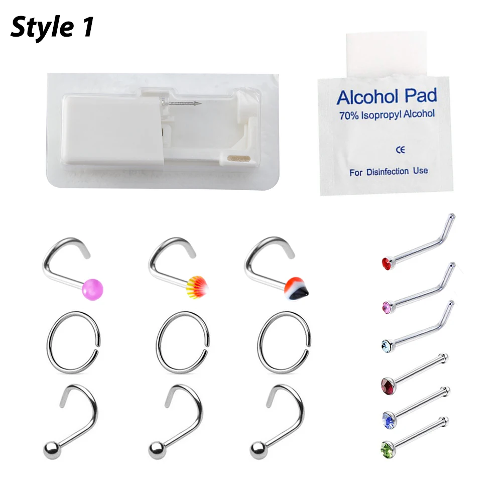 Nose Piercer Tool Body Jewelry Disposable Sterile Nose Piercing Gun Piercing Kit with CZ Studs Surgical Steel Ring Stud 20G
