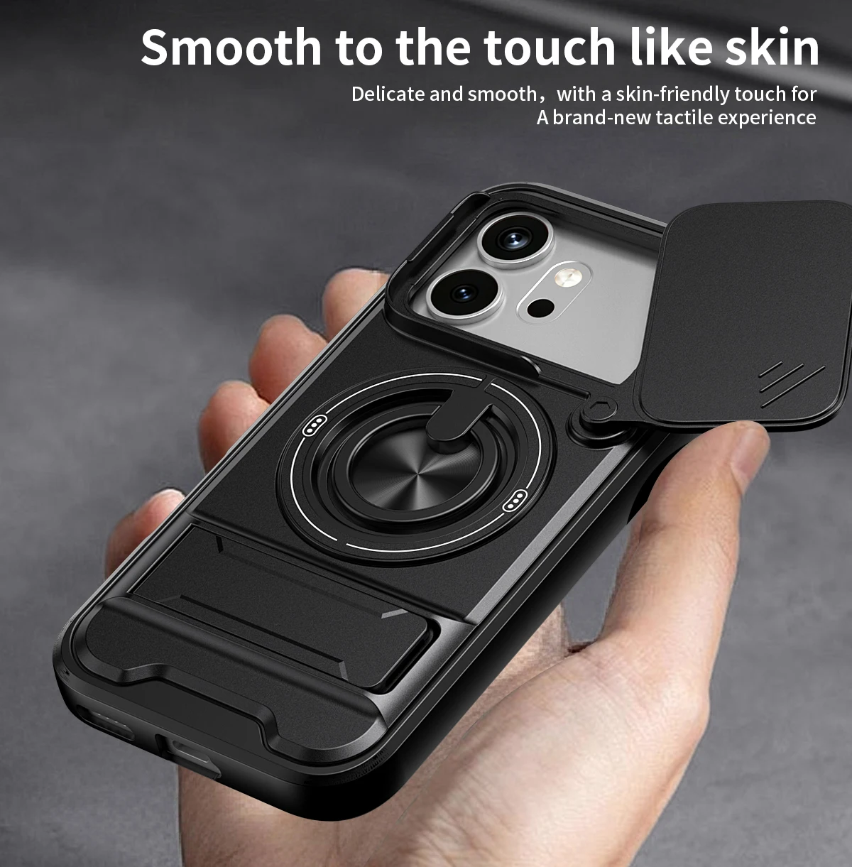 Shockproof Armor Slide Lens Case with Magsafe Magnetic Wireless Charging and Ring Holder