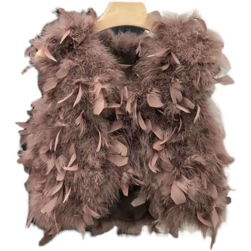 Luxury V-neck Autumn High Waist 3D Ostrich Feather Vests Faux Fur