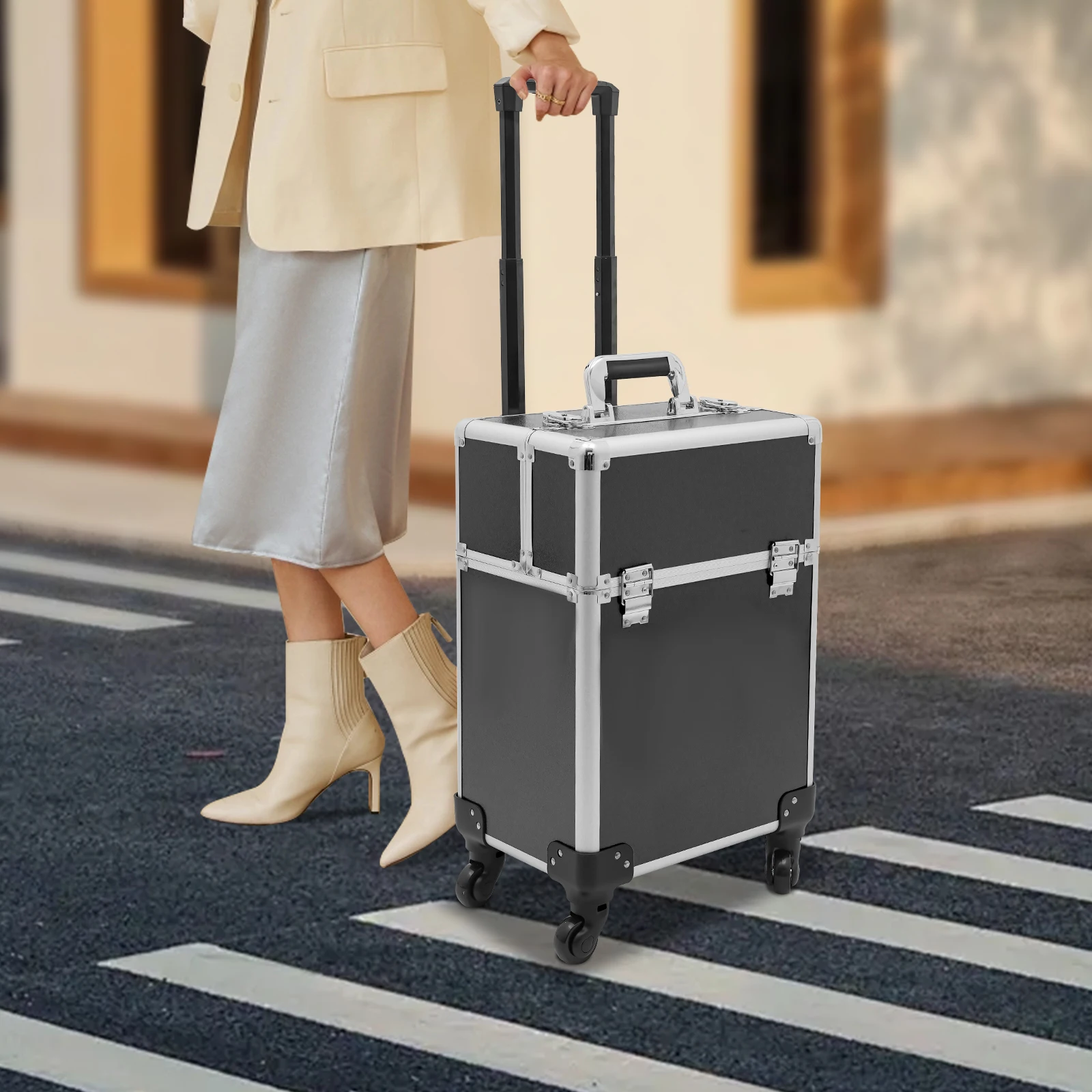 Professional Makeup Case,Aluminum Cosmetic Case Rolling Makeup Trolley Case for Travel Makeup Nail Art Hair Styling 3