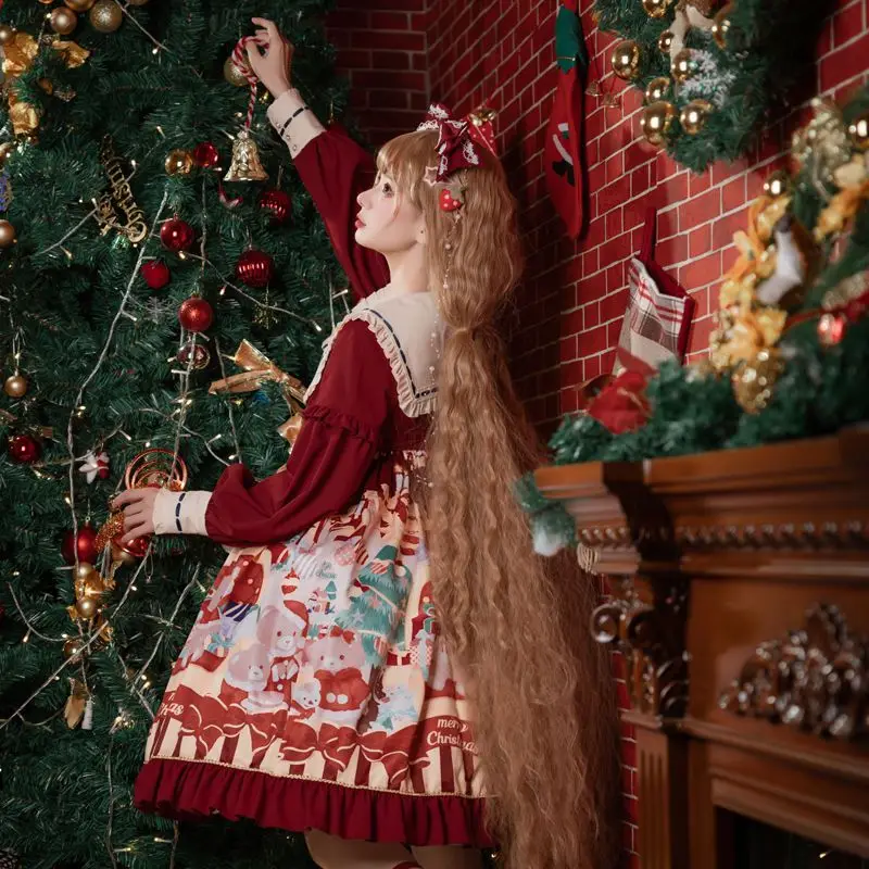Christmas Lolita Dress Cartoon Kawaii Women New Year Sweet High Waist  Ruffle Puff Long Sleeve Red Princess Party Dress - AliExpress 200000532