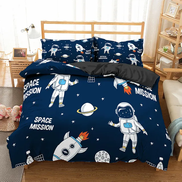 Juego de ropa de cama de dibujos animados para niños, funda nórdica de astronauta de aviación, funda de edredón de sueño de cielo azul, funda de almohada de tamaño doble individual 1