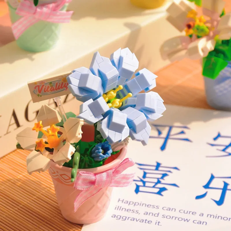 꽃 빌딩 블록 장난감, 분재 화분에 심은 꽃 DIY 선물, 홈 데코, 어버이날 생일, R 선물, 성인 및 어린이