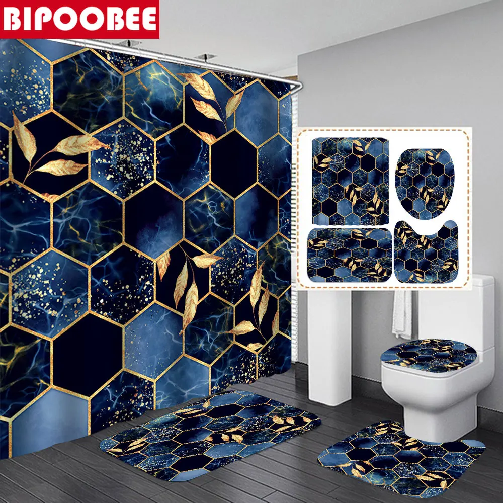 

Rhombic Marble Bathroom Curtains Lattice Stone Grain Shower Curtain with Hooks Toilet Seat Cover Non-slip Mats Bath Rugs