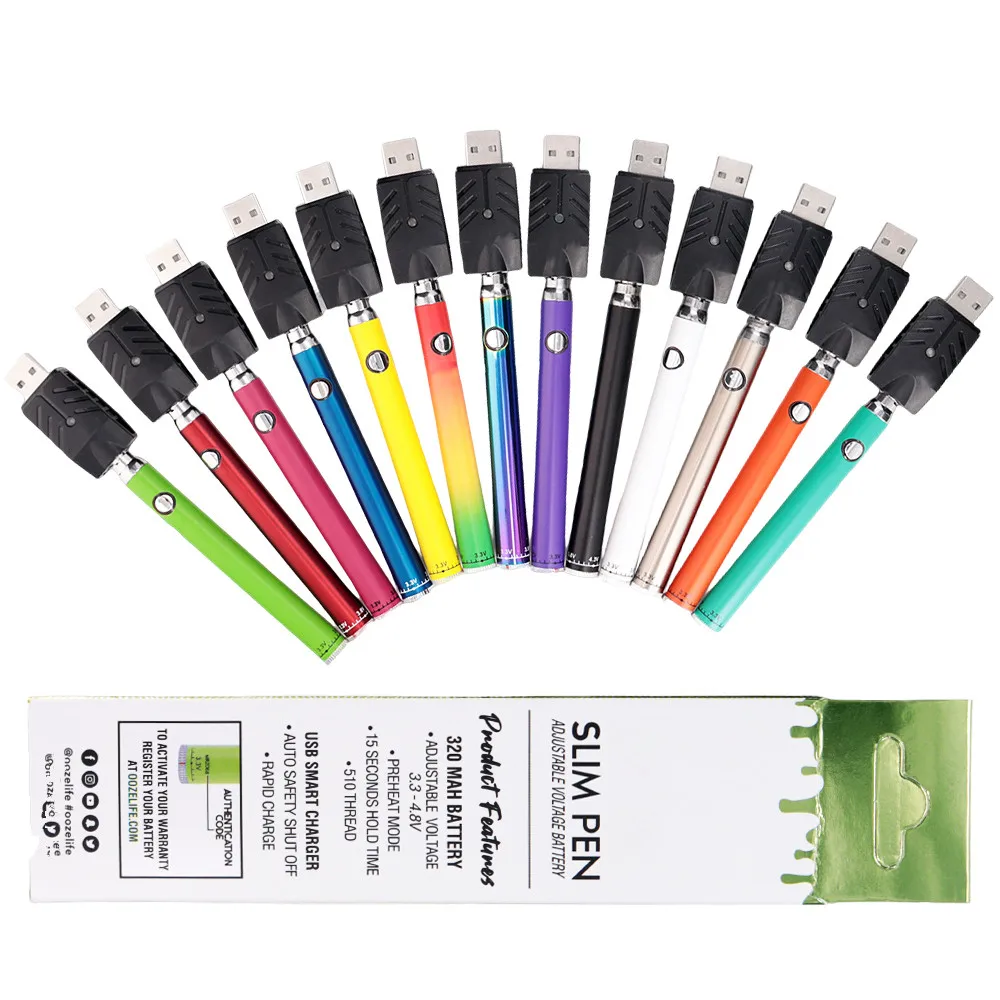 

5pcs Ozze Slim Pen Adjustable Voltage Batteries 320mah Preheating VV 510 Thread Battery For Vape Cartridge VS Cookie Backwoods