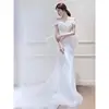 One Shoulder Light Wedding Dress Simple Backless Bride's Wedding Dress White Elegant Bow Trailing Dress Plus Size Customized 4