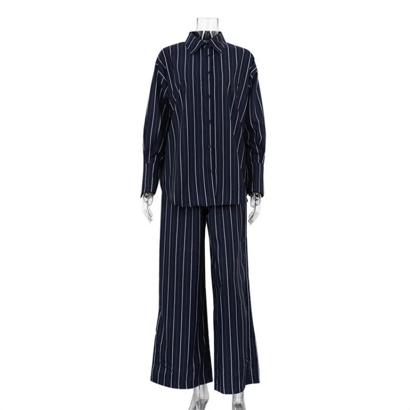 New Autumn and Winter Blue Striped Shirt Casual Suit Women's Wide-Leg Pants Two-Piece SetWlj