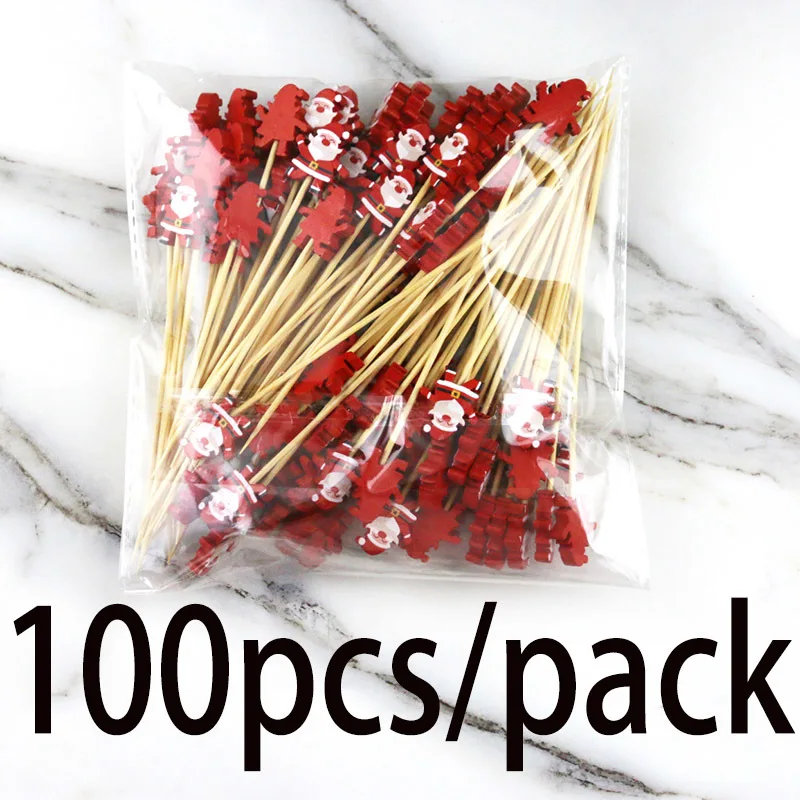(100pcs/pack) 11.8cm Santa Claus Bamboo Skewers Wooden Disposable Christmas Toothpick Kitchen Accessories Dessert Fruit  Party