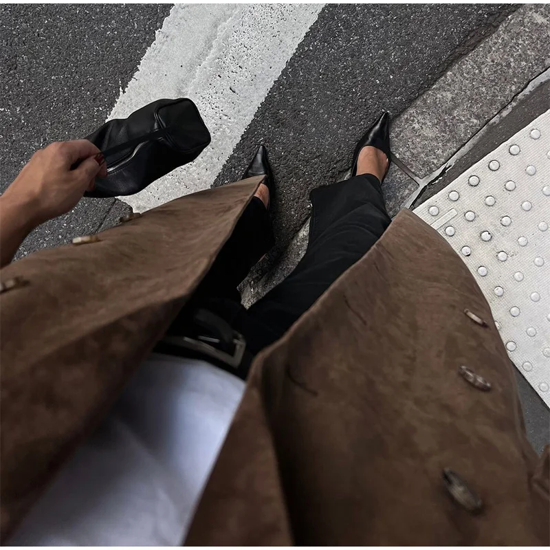 Fashion Lapel Suede Long Jacket Women Elegant Oversized Double-breasted Trench Overcoat Autumn Lady Commute Outerwear New