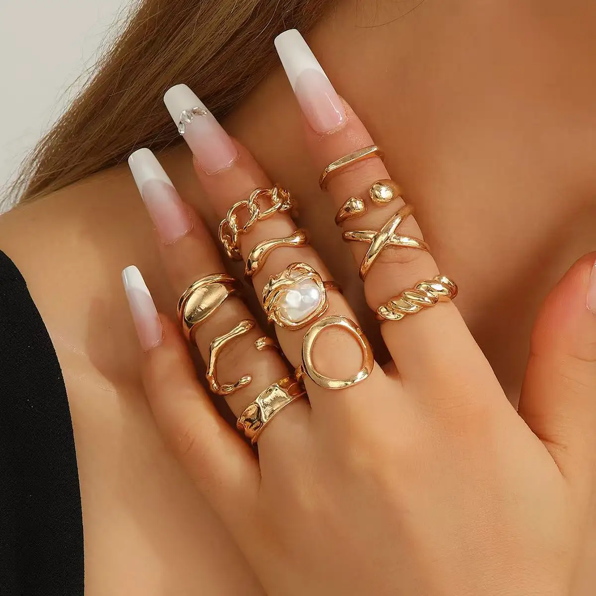 Fashionable Retro Geometric Pearl large Flower Ring Set, Gold Opening Women's Jewelry New Accessory set Gift Image 6