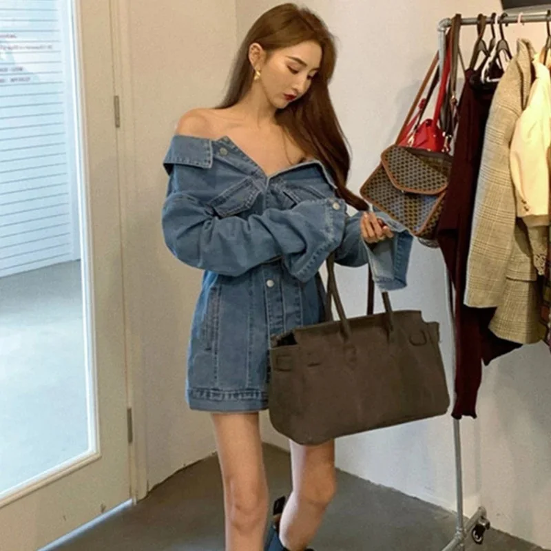 

Женское джинсовое платье с длинным рукавом, синее облегающее платье-оверсайз в стиле сафари, байкерское платье, Осень-зима 4XL