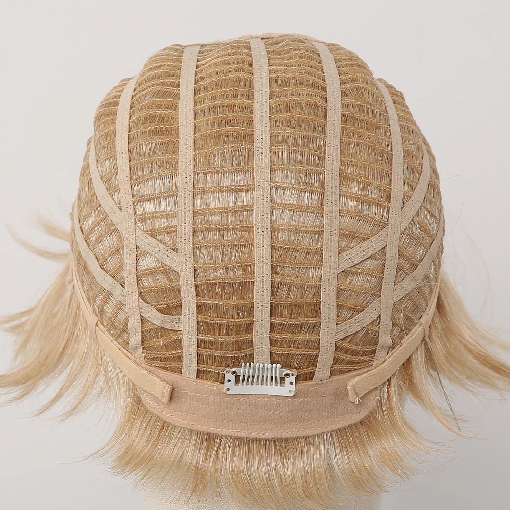 Human Hair Wigs Short Pixie Cut Human Hair Blend Wigs Side Fluffy Bangs Light Golden Honey Blonde Layered Women's Wavy Wig Natural Daily