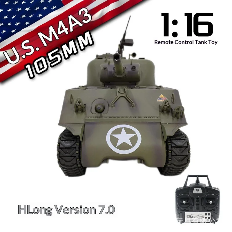 헝롱 무선 조종 전투 탱크 1:16 스케일 미국 M4A3 105MM 버전 7.0 군용 장갑 수집용 모델 RC 취미가이를 위한 제품