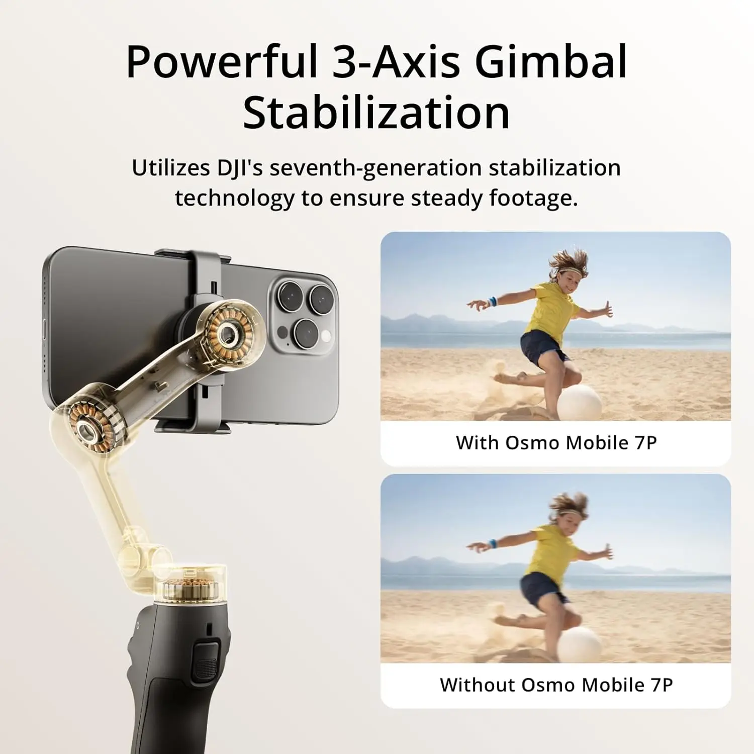 DJI Osmo Mobile 7P plié, tenant un smartphone, prêt à filmer en mouvement
