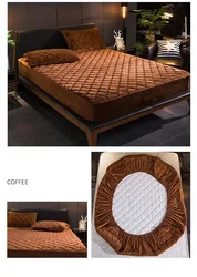 Luxurious Crystal Velvet Quilted Mattress Cover - Soft & Warm Plush Fitted Sheet - 2 Pillowcase 48x74cm (Coffee)