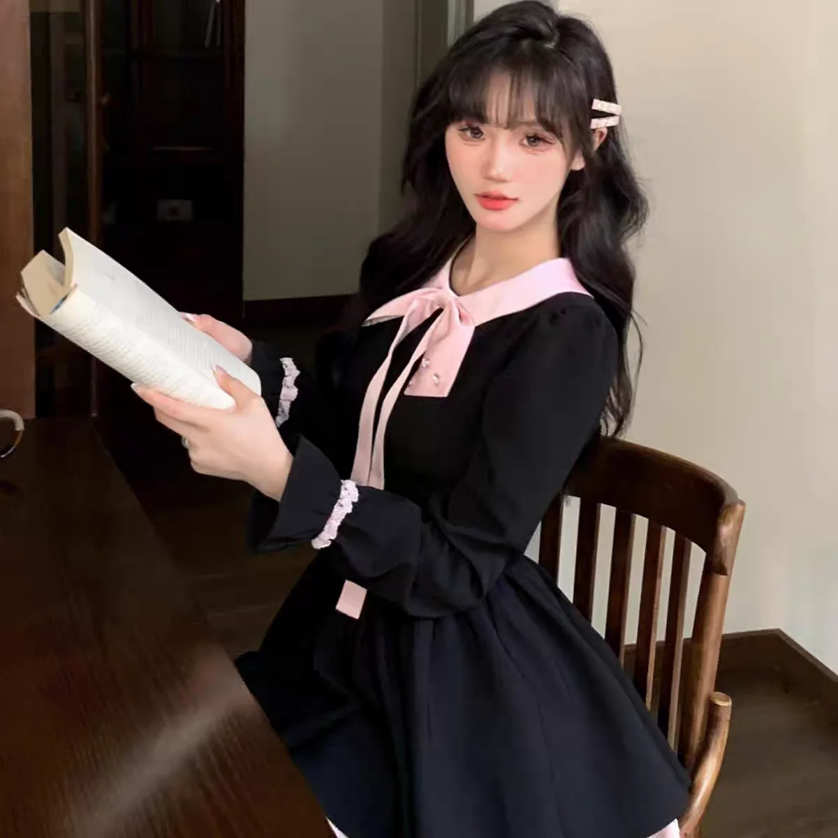 Y2K Black Short Dresses for Women Lace Ruffles Patchwork Long Sleeve A-line Princess Party Dress Korean One Piece Vestido New