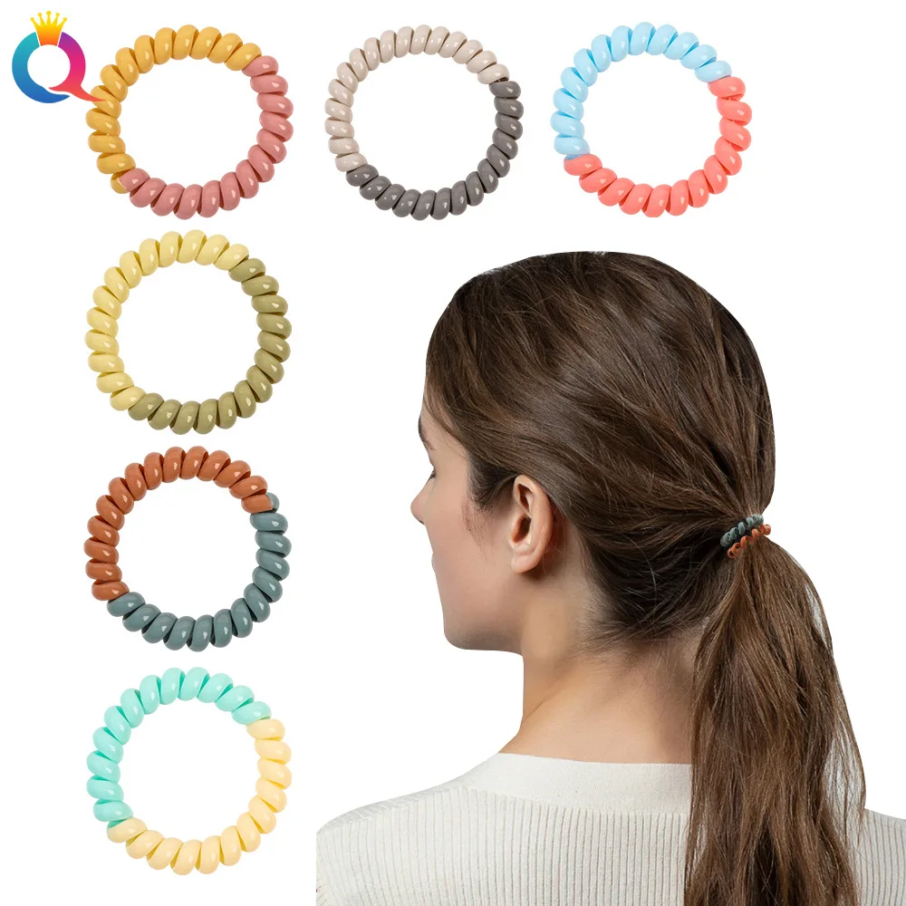 

5pcs Women Colorful Elastic Plastic Rubber Telephone Cord Wire Hair Ties Coil Scrunchies Hair Ring Band Accessories ACC428