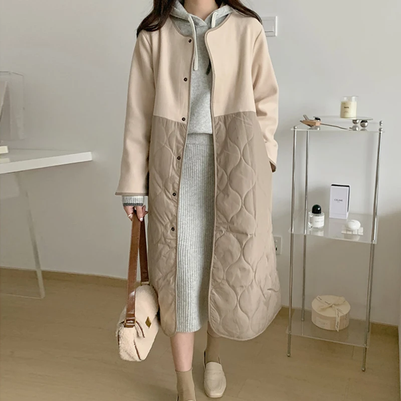

SuperAen Korean Style Autumn and Winter Vintage O-neck Stitching Woolen Design Long-sleeved Coat Woman Fashion Coat