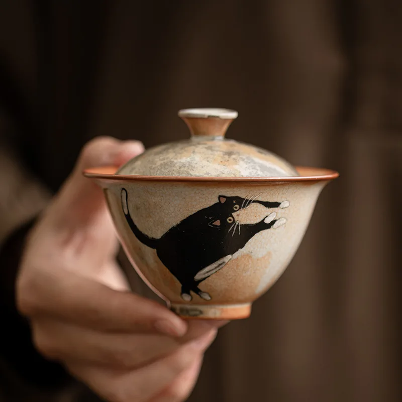 Tea Set 130ml Vintage Cute Zhi Ye Cat Porcelain Gaiwan Set For Tea Tureen Teaware Cup Chinese Hand-Paint Bowls Chawan Tea Ceremony Set