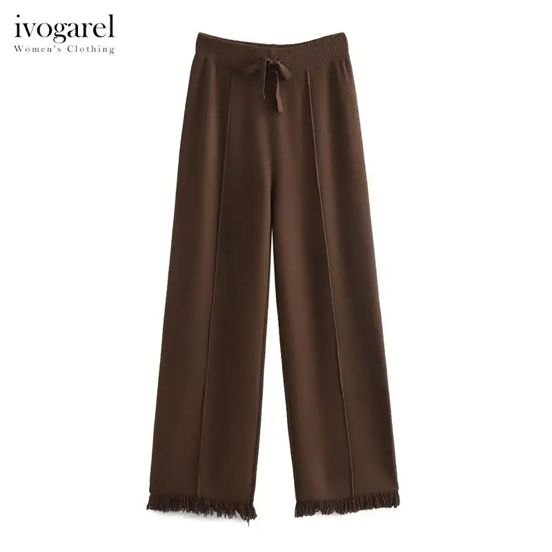 

Ivogarel Solid Color Tassel Fringe Straight Knit Pants Women's Casual Knitted Trousers