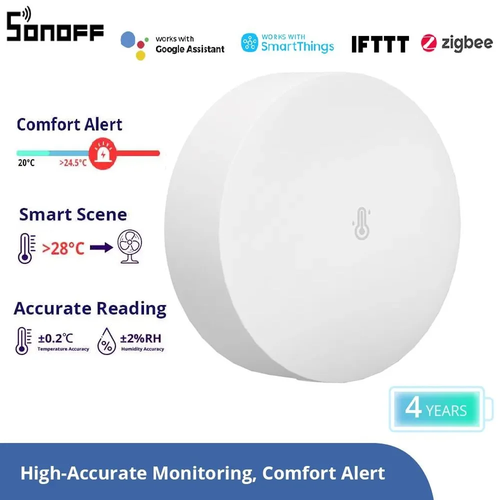 Датчик температуры и влажности SONOFF Zigbee, высокоточный монитор для умного дома через eWeLink, работает с Alexa Google