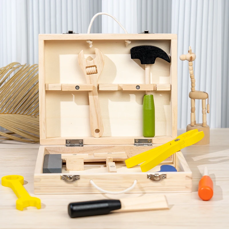 Wooden toolbox toys equipped with tools such as saws, hammers, square rulers, wrenches, screwdrivers, etc