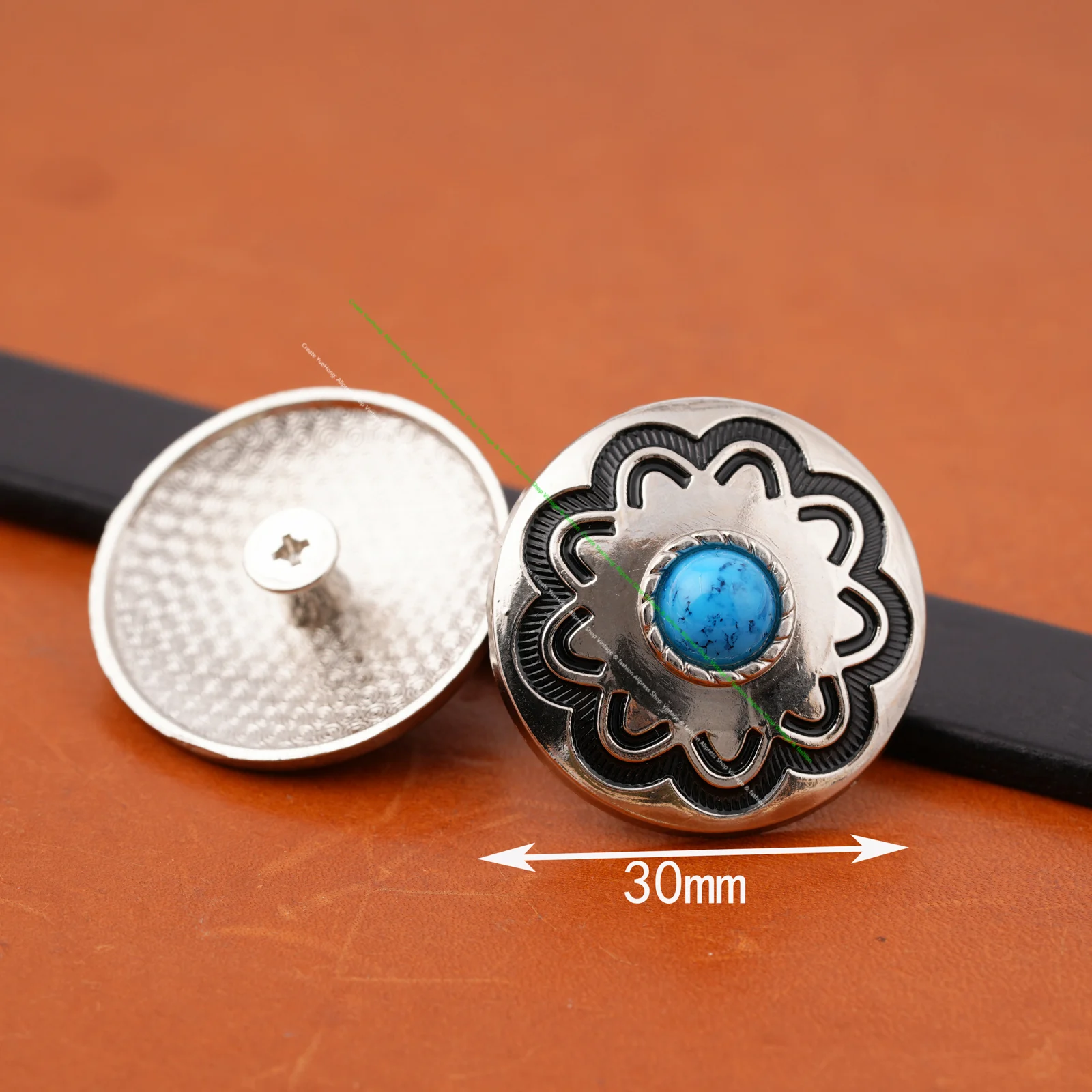 10 Stück 30MM Blaue Türkis-Blumen Western Horst Kopfstücke Sättel Zaumzeug Silber Dekoration Schraubverschluss – Detail 6
