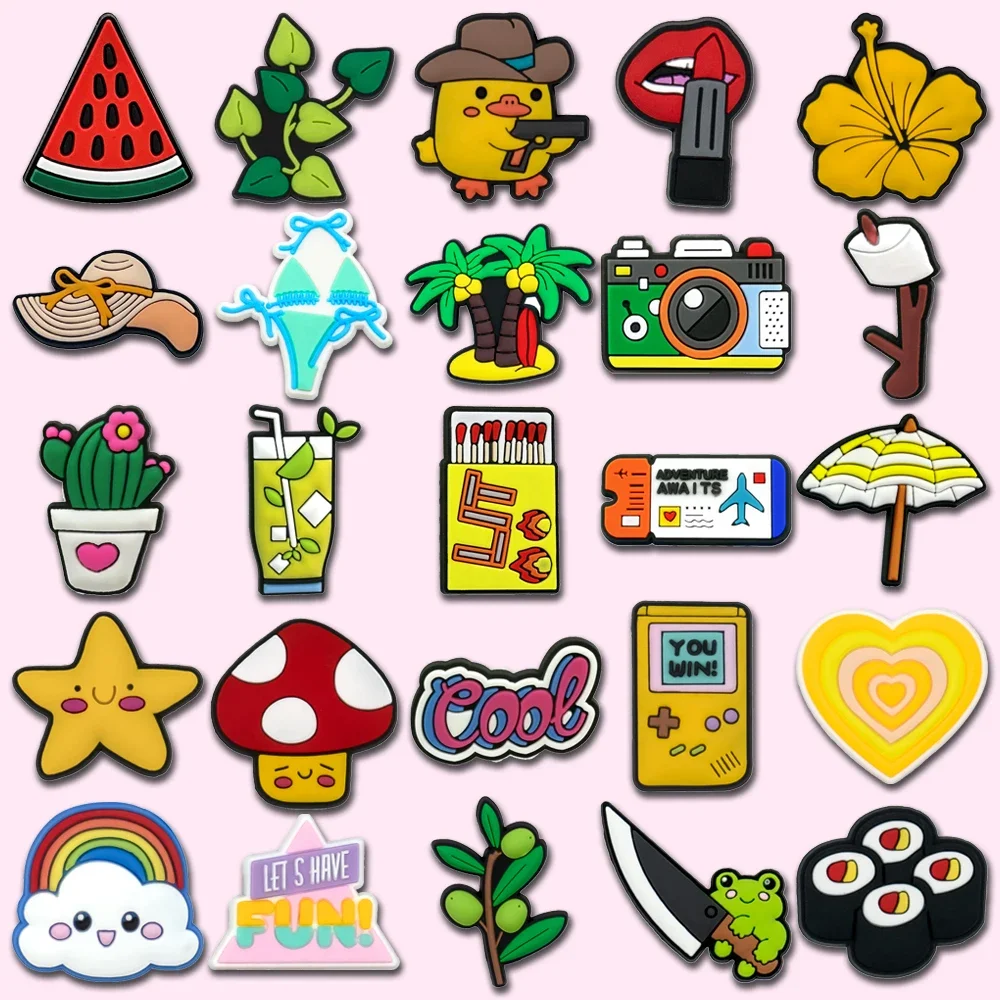 1/25pcs Watermelon Mushroom Sushi Shoe Charms for Girls Air Ticket Camera Shoe Decoration Cactus Duck Frog Cloud Pin Clog Jeans