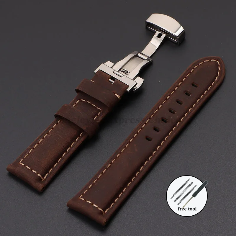 Vintage Crazy Horse Leather Watch Strap with Butterfly Buckle