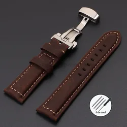 Vintage Crazy Horse Leather Watch Strap with Butterfly Buckle - 26mm (DarkBrown)
