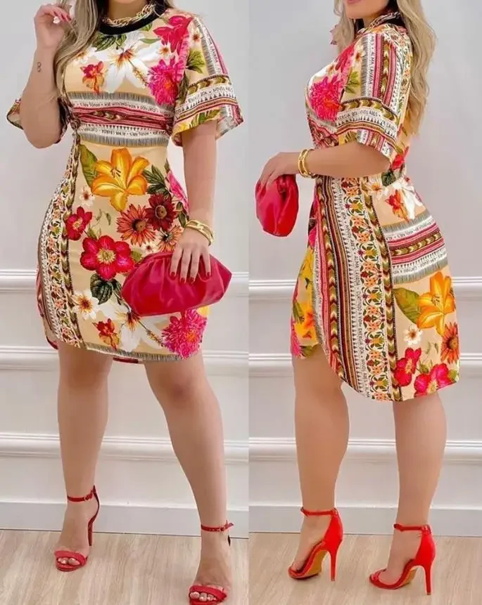 

Dresses for Women 2024 Floral Print Half Sleeve Casual Daily Vacation O-neck Mini Straight Dress