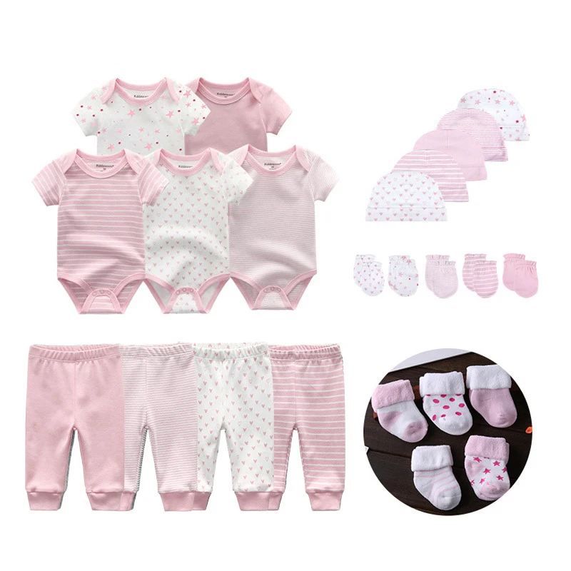 Unisex Baby Girl Clothes Newborn Gift Set 100%Cotton Solid Bodysuits+Pants+Gloves+Hats+Socks Short Sleeve Baby Boy Clothes baby clothing set essentials Baby Clothing Set