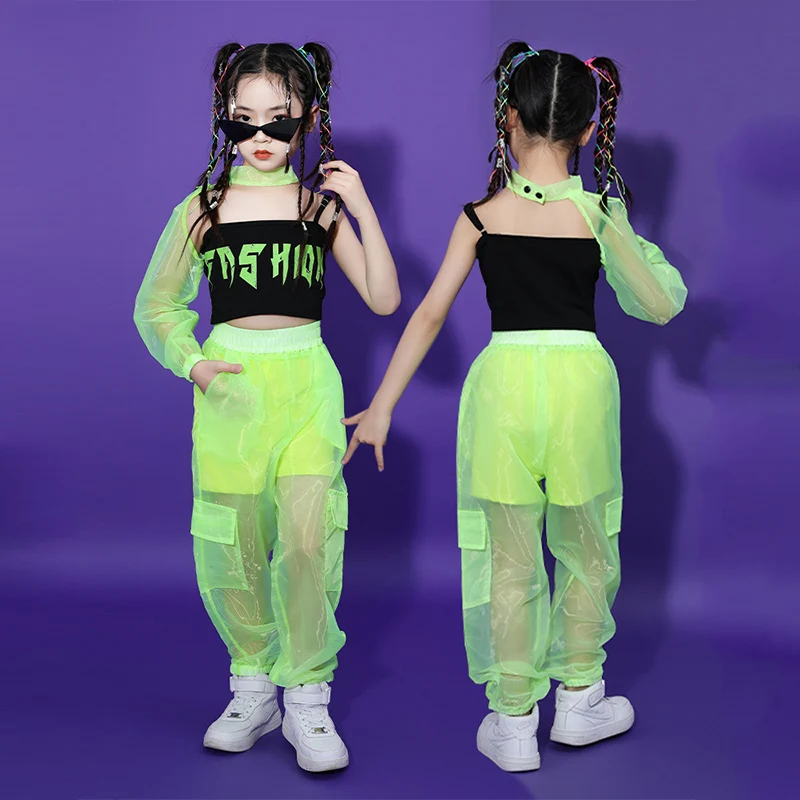 

Summer Hip Hop Clothes For Children Green Jazz Dance Outfit 4PCS Kpop Clothing Street Dance Performance Wear Streetwear DL10370