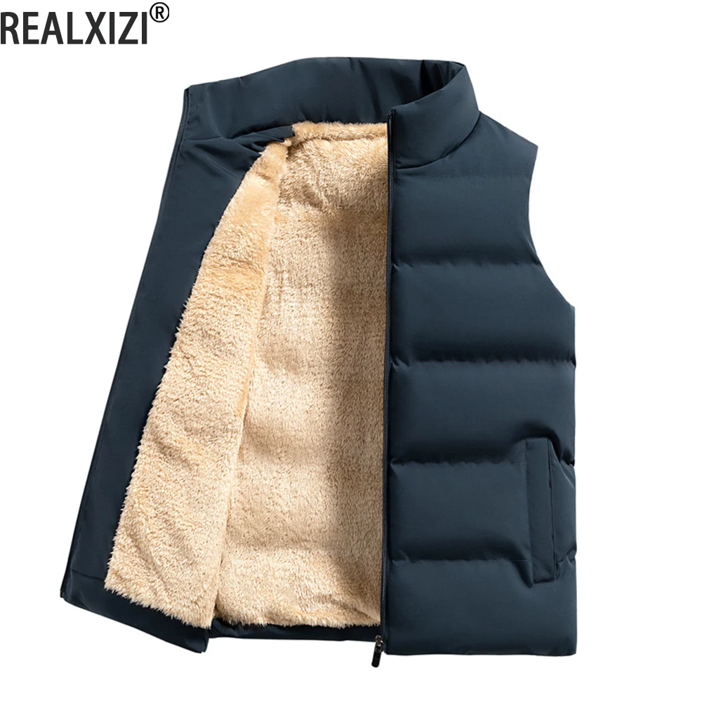 REALXIZI 남성용 양털 조끼, 대형 사이즈, 따뜻한 양털 코트, 두꺼운 스탠드업 칼라 코트, 단색 민소매 조끼, 겨울