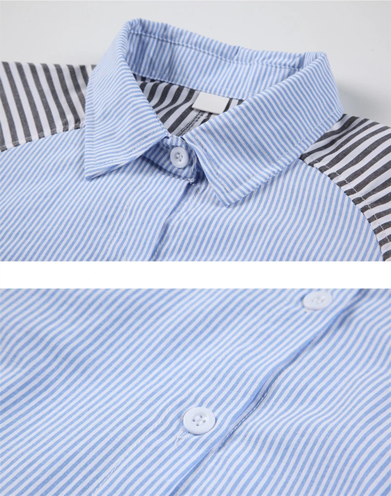 Striped Stitching Blue Shirt Women's Long-sleeved Top Spring New Design Loose Casual Mid Length Thin Cardigan Coat Female Blouse