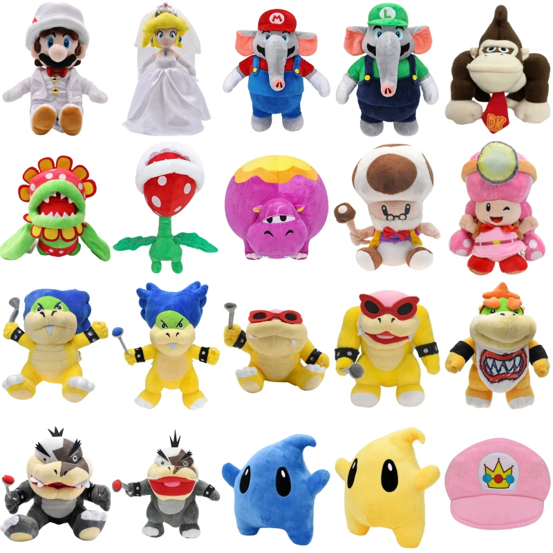 24 Styles Mario Bros Luigi Bowser JR. Princess Peach Hat Donkey Kong Roy Plush Toys Morton Toadette Ludwig Cappy Peluche Dolls 9 styles mario plush toys princess peach fury bowser koopa king k rool meowser stuffed cartoon peluche dolls free shipping