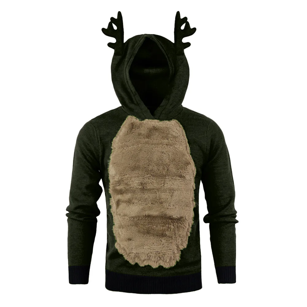 Autumn and Winter New Men's outerwear with plush Christmas antler hooded fur color matching sweater Cute festive atmosphere