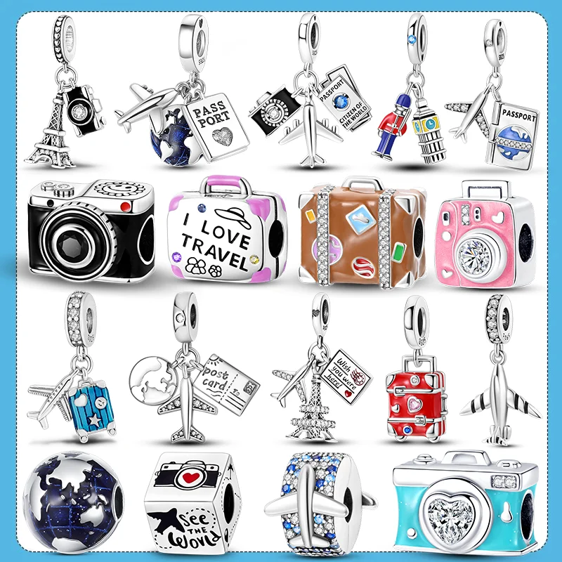 Original Charms 925 Silber Reise Serie Flugzeug Kamera Handtasche Anhänger Perlen Fit Frau Armband Halskette Schmuck Charms DIY Geschenk – Detail 2