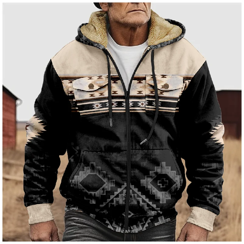 

New Creative Cotton Coat Hooded Sweater Casual Print Men's Fur Loop Arctic Velvet Zipper Patch Pocket Hooded Sweater a01