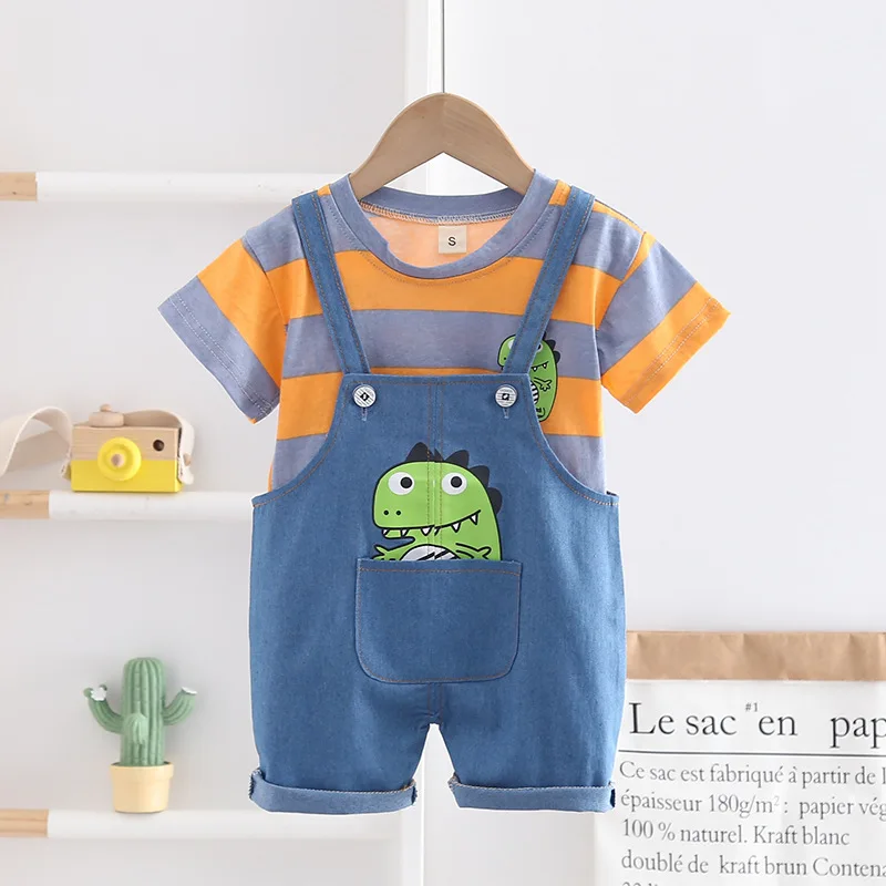 

Designer Baby Boy Summer Clothes Set 2024 Korean Cartoon Striped O-neck Short Sleeve T-shirts Tops and Overalls Kids Boys Suits