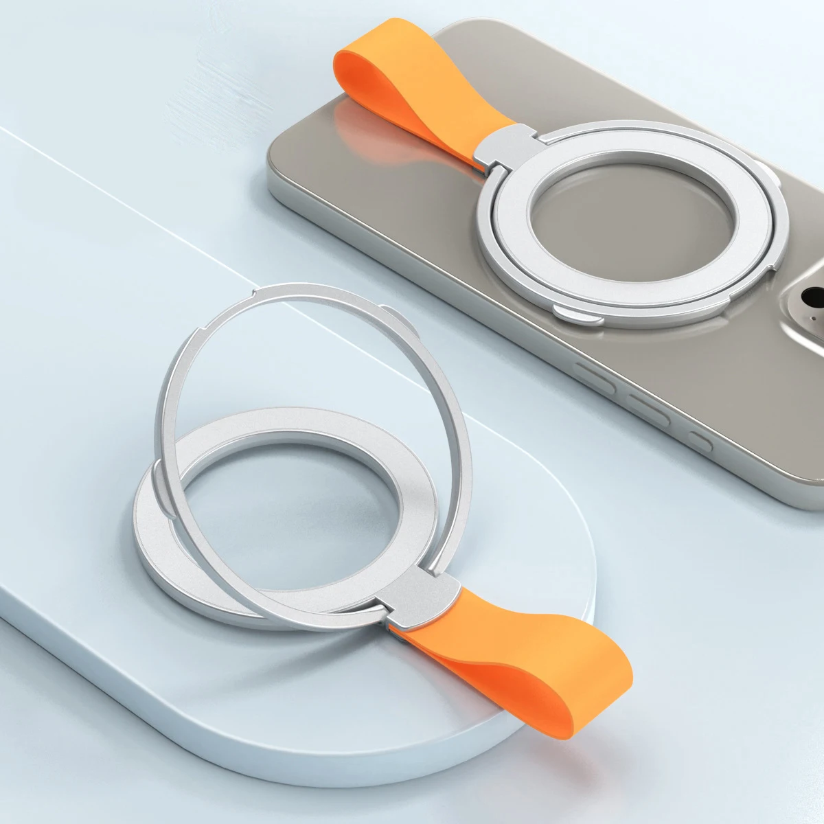 For MagSafe Magnetic Ring Phone Holder with Silicone Cord Rotating Kickstand For IPhone 16 15 Series Desktop Alloy Buckle Stand