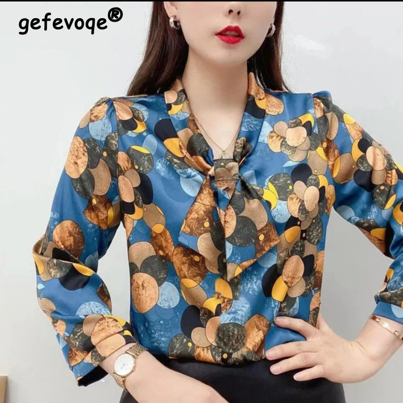 Spring Summer Elegant Fashion Vintage Printing Bow Shirt Ladies Long Sleeve Loose Casual Pullover Blouse Women 5XL Lace Up Top