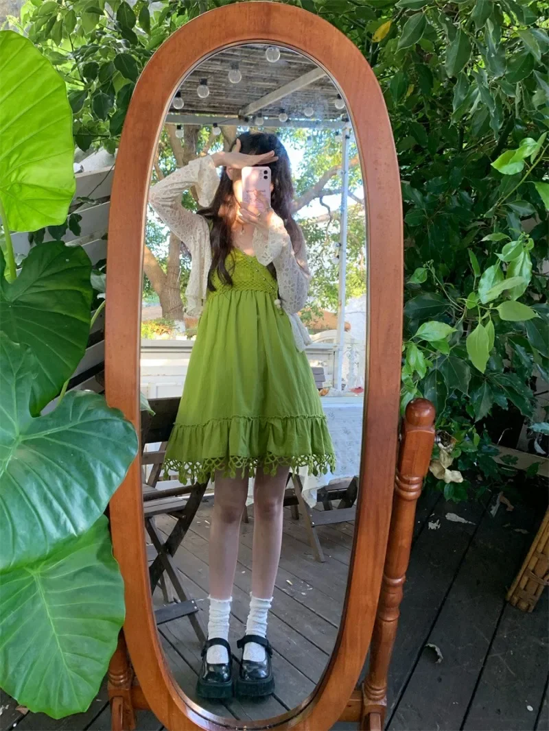Women Summer Green Slip Dresses Chic Sweet Girl Dress New Cute V Neck Knitted Dress Cottagecore Kawaii Clothes Lolita Streetwear