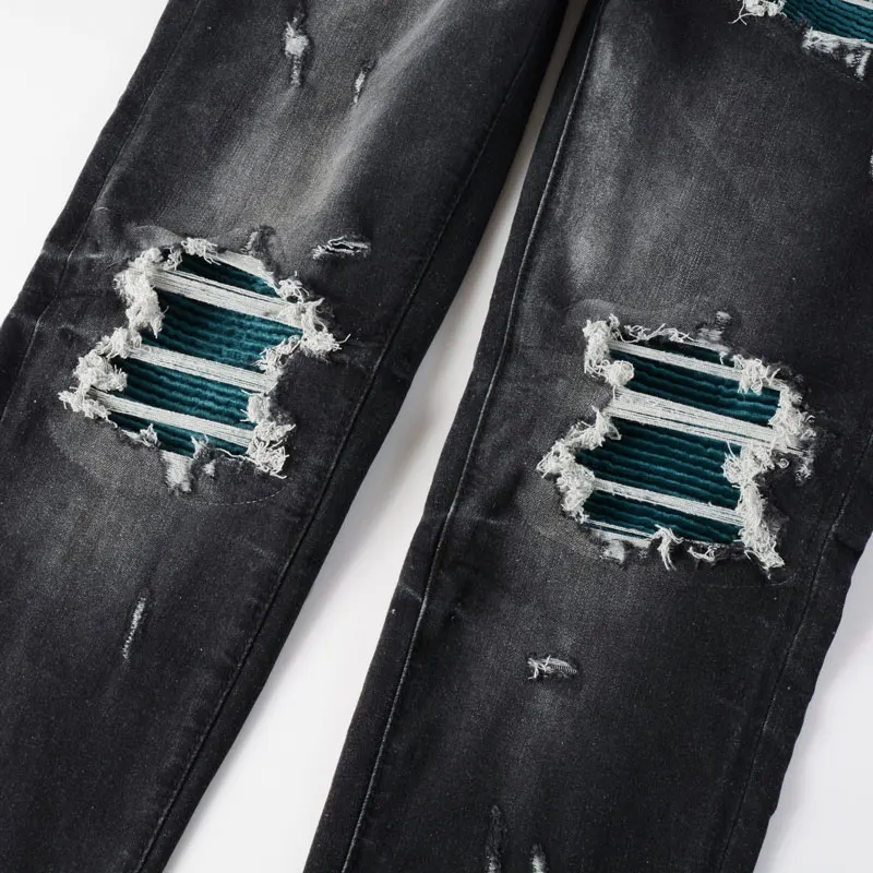 High Street Fashion Men's High Quality Black Jeans Vintage Washed Elastic Tight Panel Split Jeans Green Patch Designer Hip Hop P