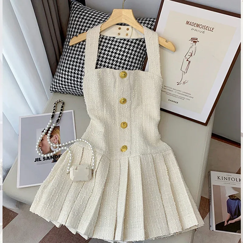 

Korean Sweet Tweed Small Fragrance Tweed Dresses For Women 2024 Fashion Summer Dress Hotsweet Sexy Party Dress