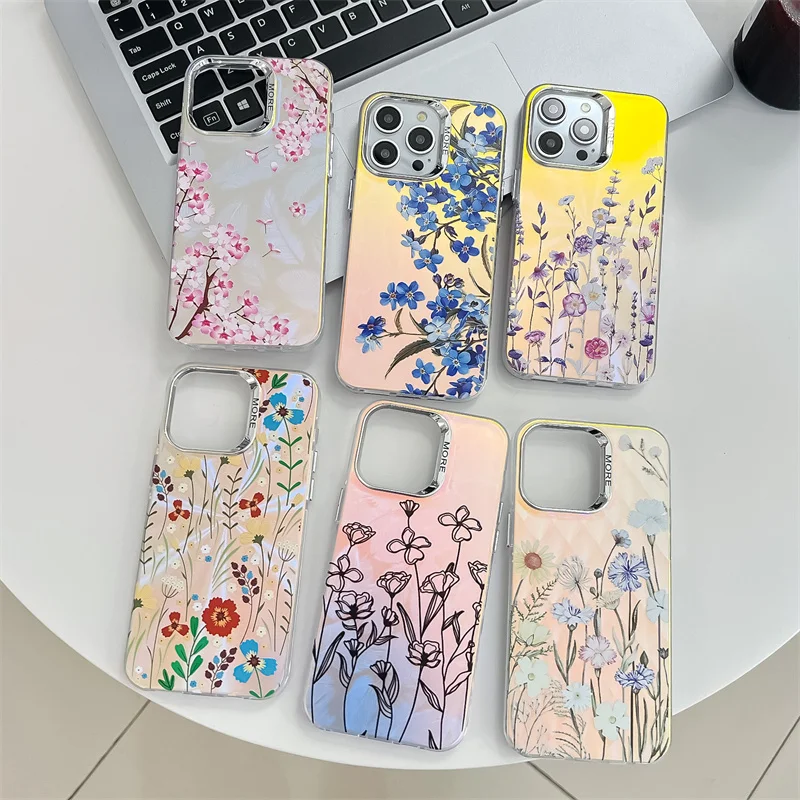 Coque de téléphone de luxe galvanisée à motif de fleur laser pour iPhone 16 15 14 13 Pro Max, coque arrière rigide antichoc en PC mat_voghion.com
