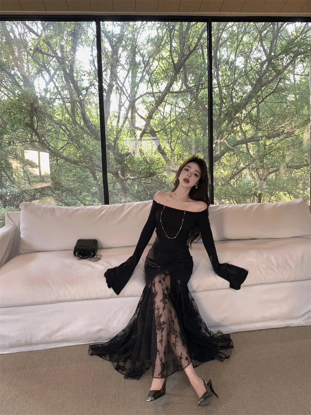 New Spring Summer Vintage Bodycon Solid Chic Women Black Dress Elegant Slim Lace Patchwork Party Prom Vestidos Female Clothes