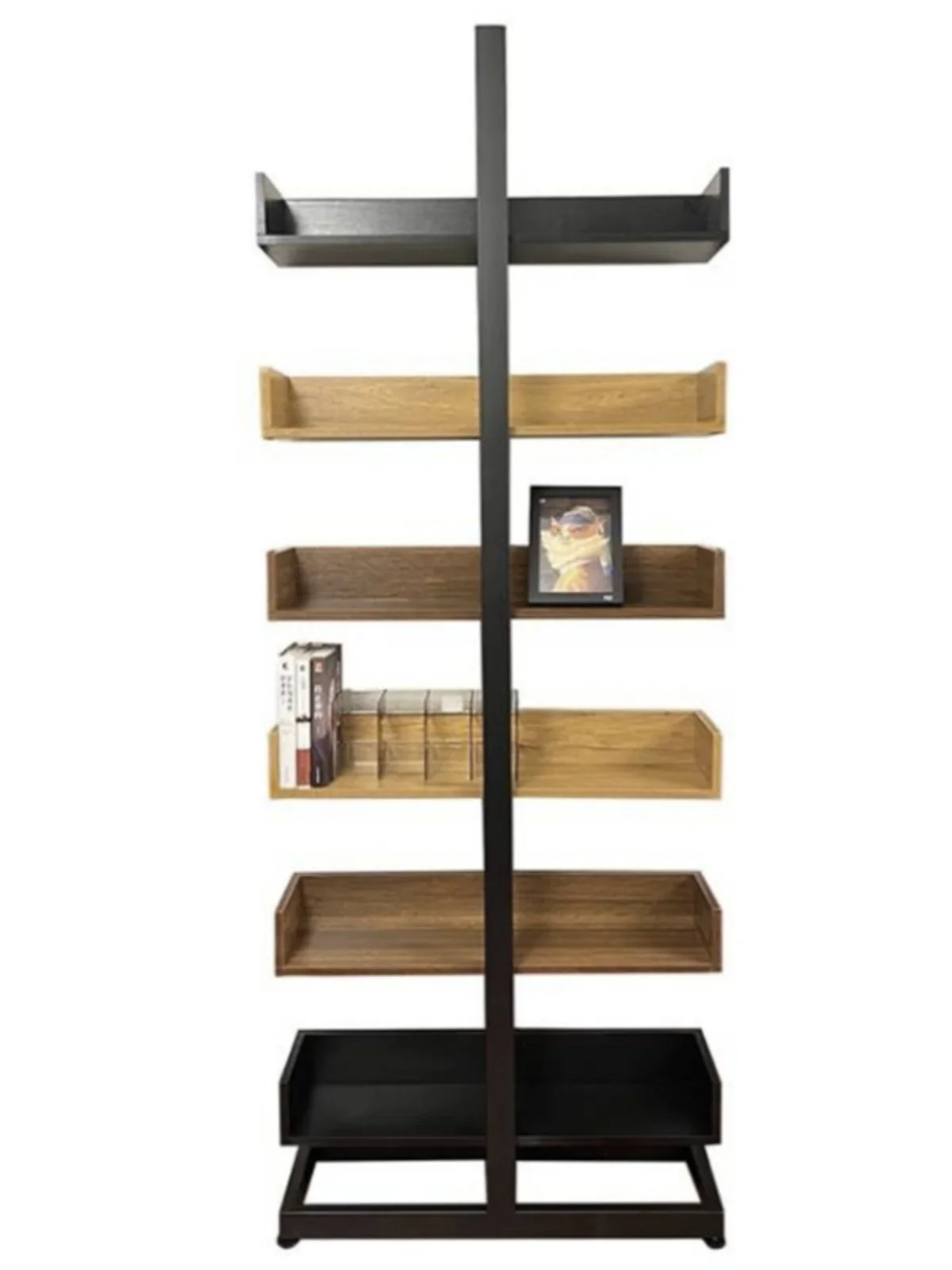 large bookcase display shelf at the end of the bed, colorful figure children's picture book rack, wall narrow gap
