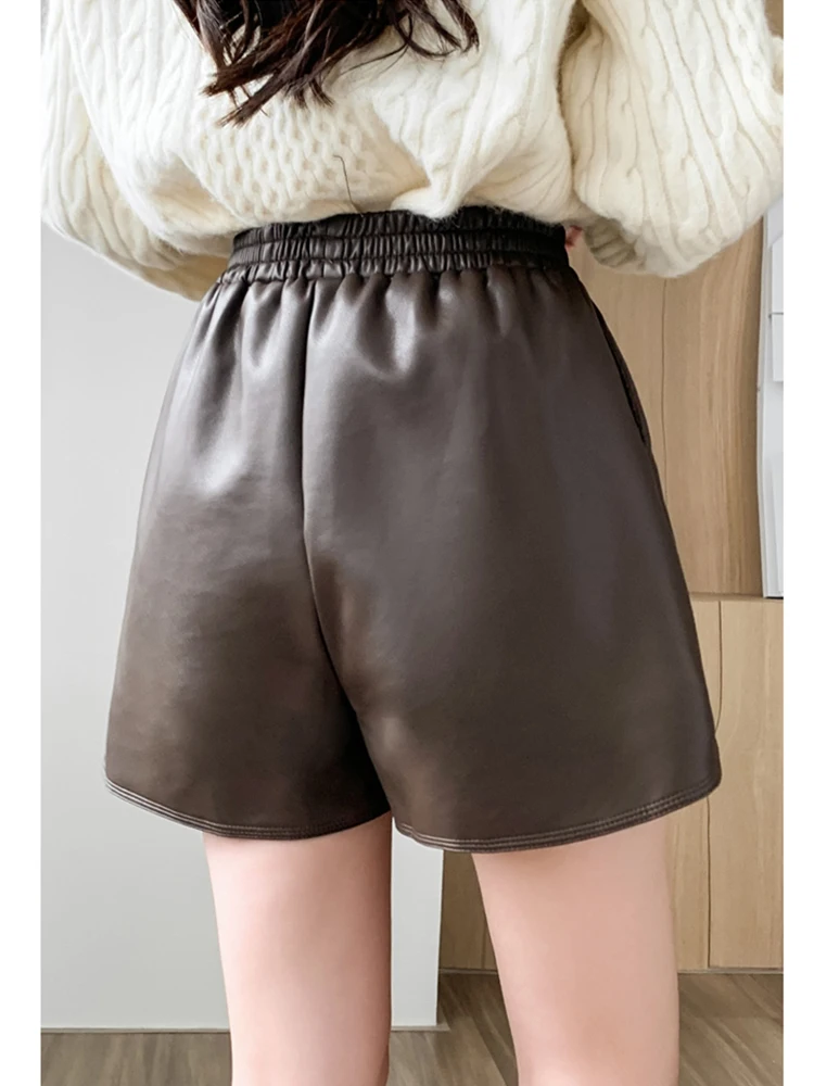 New 2022 Autumn Winter Leather Shorts Women Streetwear A-Line Loose Wide Leg Boots Shorts Elastic High Waist Short Femme Pants